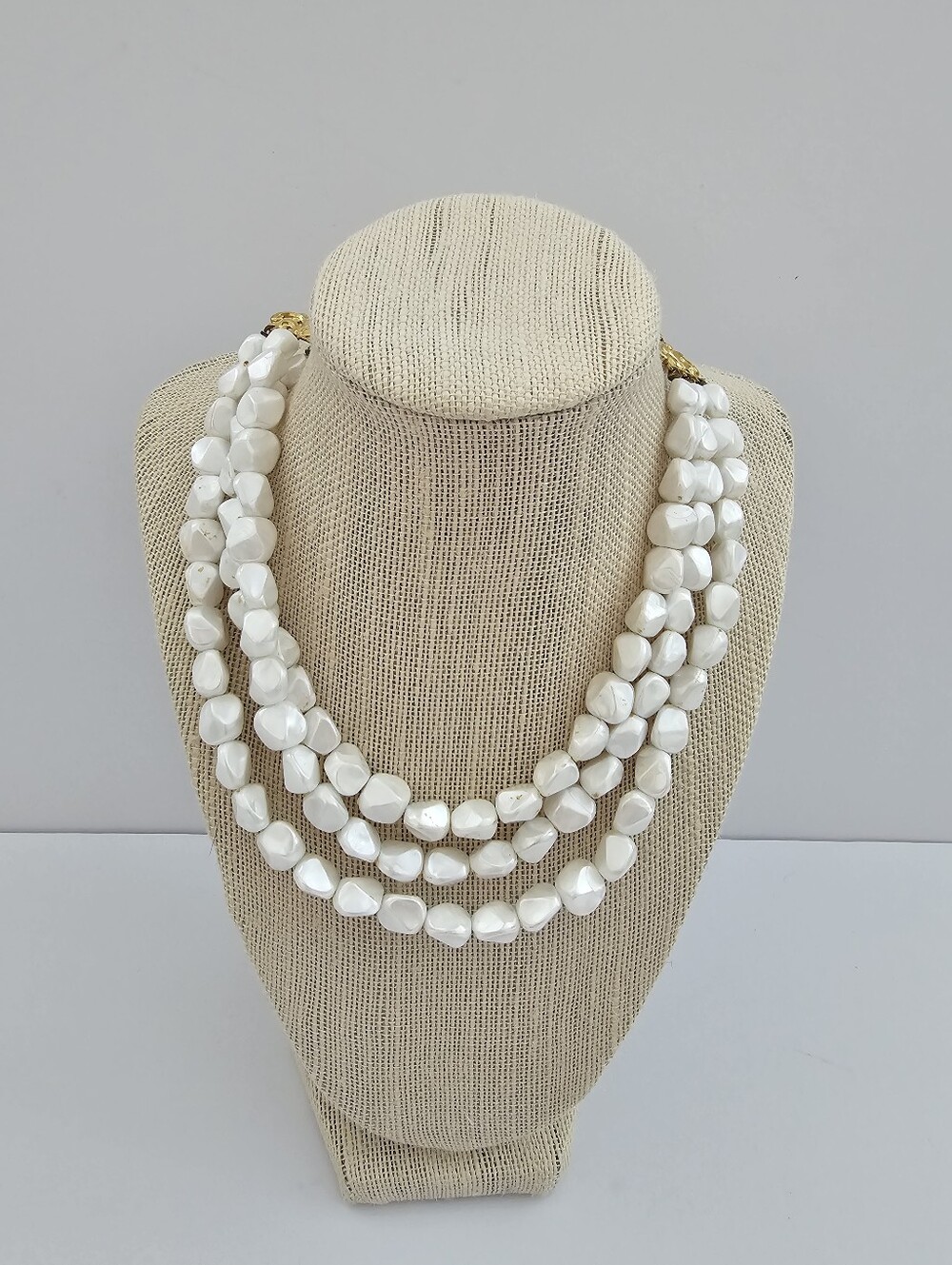 Vintage Mid-Century 3-Strand White Faux Baroque Pearl Nugget Necklace J-Hook